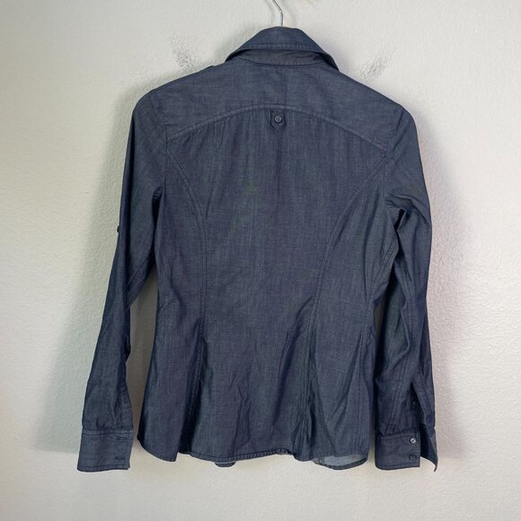 Express Womens Small Blue Chambray Button Up Shirt Roll Tab Sleeve Top - Picture 6 of 10